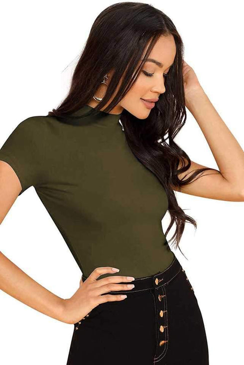 Women Olive Round Neck Half Sleeves T-Shirt